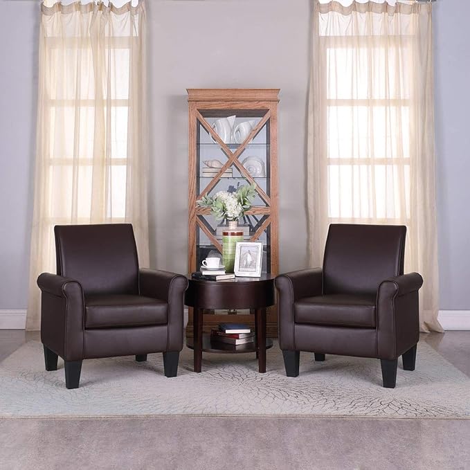 Lohoms Pu Leather Accent Chair Set of 2 Overstuffed Mid Century Modern Living Room Chairs Upholstered Comfortable Reading Chair Fake Leather Armchair for Bedroom Office -Brown