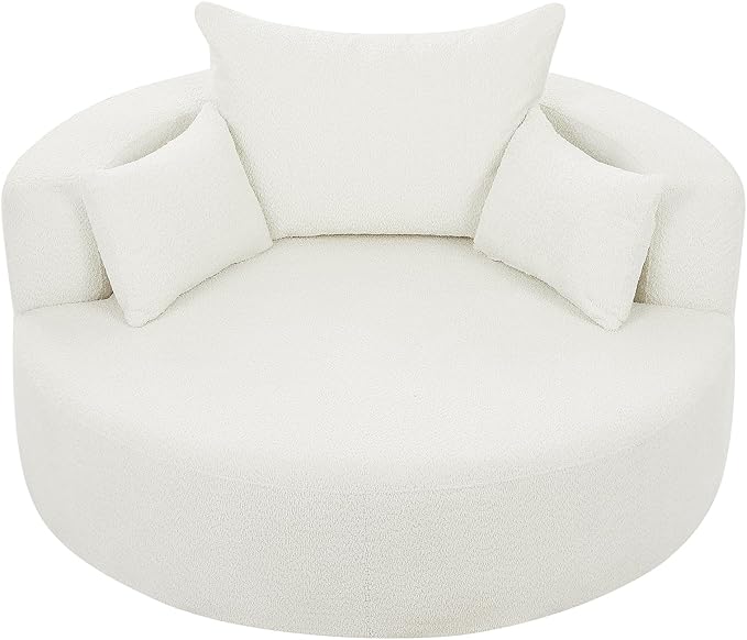 360° Oversized Swivel Barrel Chair Oversized Chenille Upholstered Reading Lounger Accent Round Sofa Chair with 5 Throw Pillows and Thicked Cushions for Living Room Bedroom Office and Hotel (Beige)