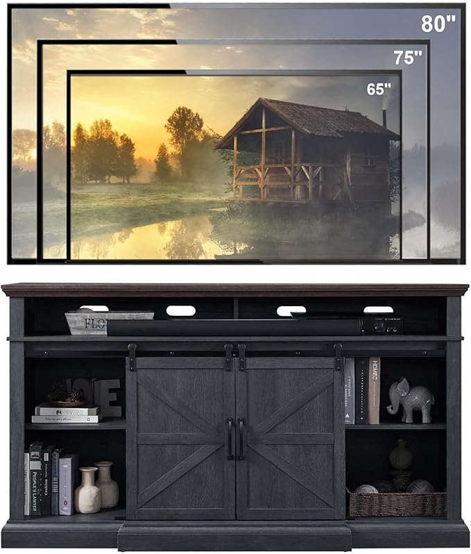 Farmhouse TV Stand for 80 Inch TVs 37.4Tall Entertainment Center w/Storage Cabinets and Sliding Barn Door Media Console Cabinet w/Soundbar &amp Adjustable Shelves for Living Room 70 inch (Dark Gr