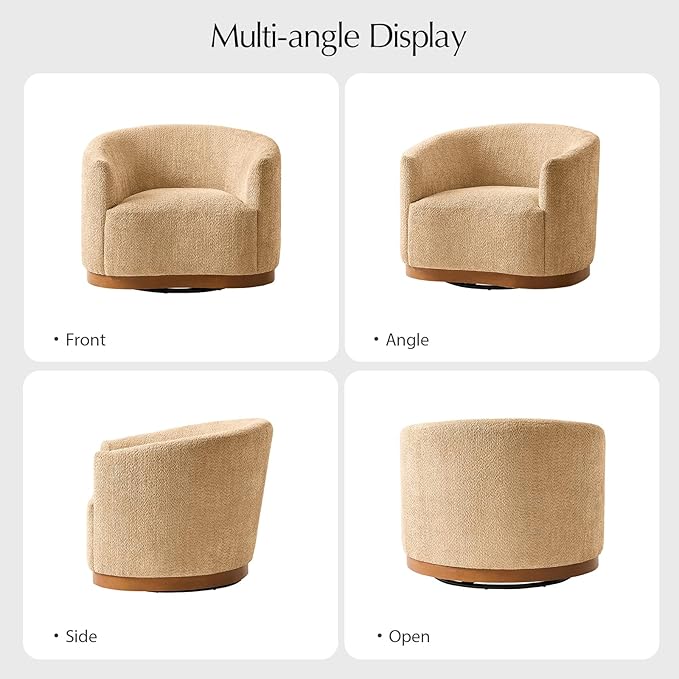 HULALA HOME Chenille Swivel Accent Chairs Set of 2 Fully Assembled Comfy Upholstery Barrel Armchair with Sturdy Solid Wood Base Camel