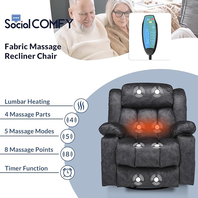 Manual Swivel Glider Rocker Recliner Chair with Heated Massage 360° Swivel Overstuffed Lounge Chair with 2 Cup Holders Side Pockets &amp USB Ports for Living Room Fabric Gray