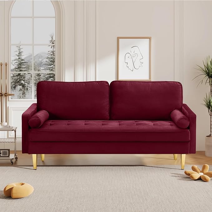 67 Modern Velvet Loveseat Sofa Couch Mid-Century Tufted Upholstered Small Love Seat Couch with 2 Pillows &amp 4 Golden Legs 2-Seats Couches for Compact Space Living Room Apartment (Burgundy)