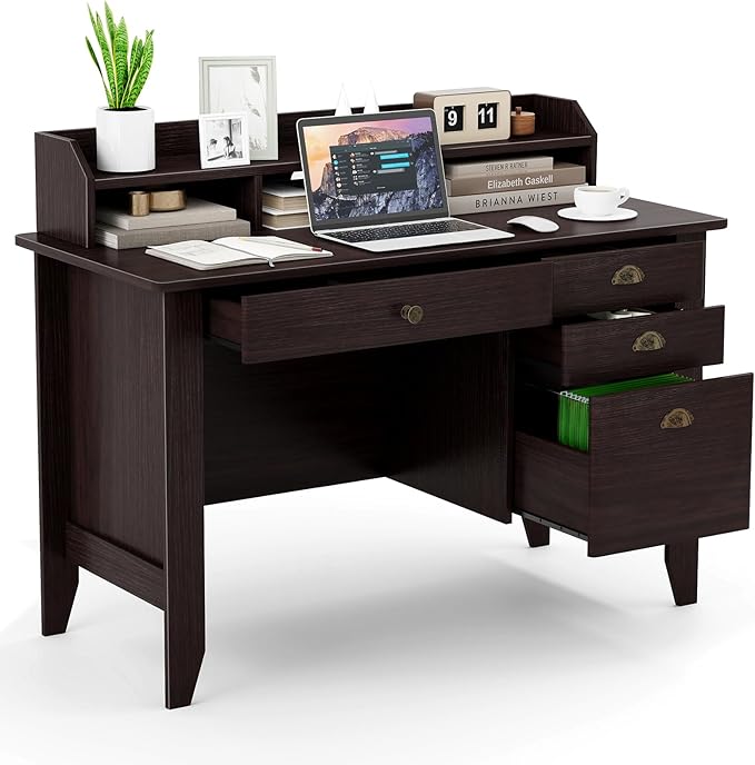 Safeplus 48 Computer Desk with 4 Storage Drawers and Hutch Wood Executive Table for PC Laptop