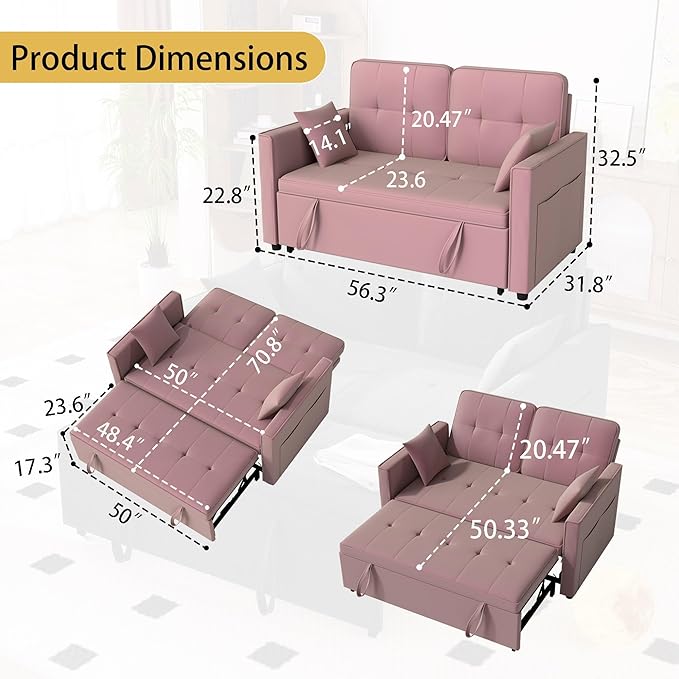 Pink Convertible Sofa Bed: 3 in 1 Sleeper Sofa Couch Bed Pull Out Couch with Adjustable Backrest Velvet Convertible Loveseat Sleeper for Living Room for Living Room(Pink)