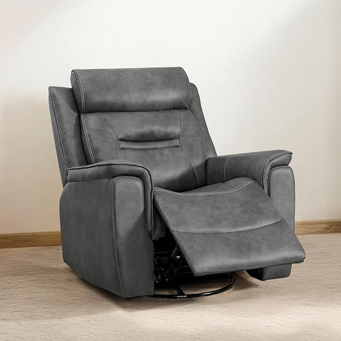 Leather Recliner Chair 360° Swivel Rocker for Adults Manual Rocking Reclining Chair with Adjustable Backrest Footrest for Living Room Bedroom Home Theater Seating
