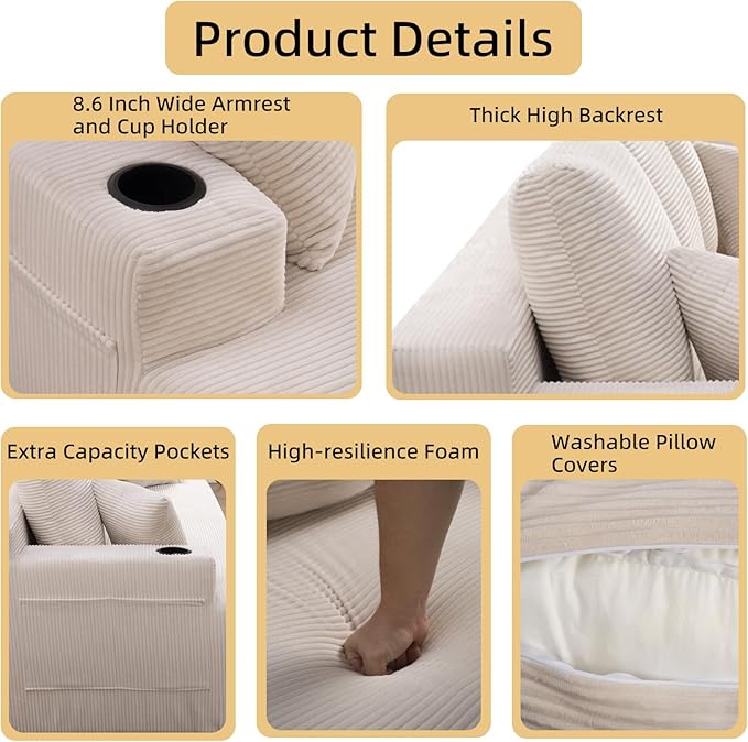 87 Modern 3-Seater loveseat Sofa Comfy Deep Seat Boneless Couch with Plush Corduroy Fabric Built-in Cup Holders &amp Side Storage Pockets for Living Room Bedroom and Apartment