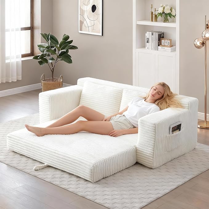 73 Convertible Sofa Bed Pull Out Boneless Loveseat Sleeper Sofa Corduroy Foldable Couch Bed with Storage Bag No Assembly Couch in a Box for Living Room Apartment (Beige)