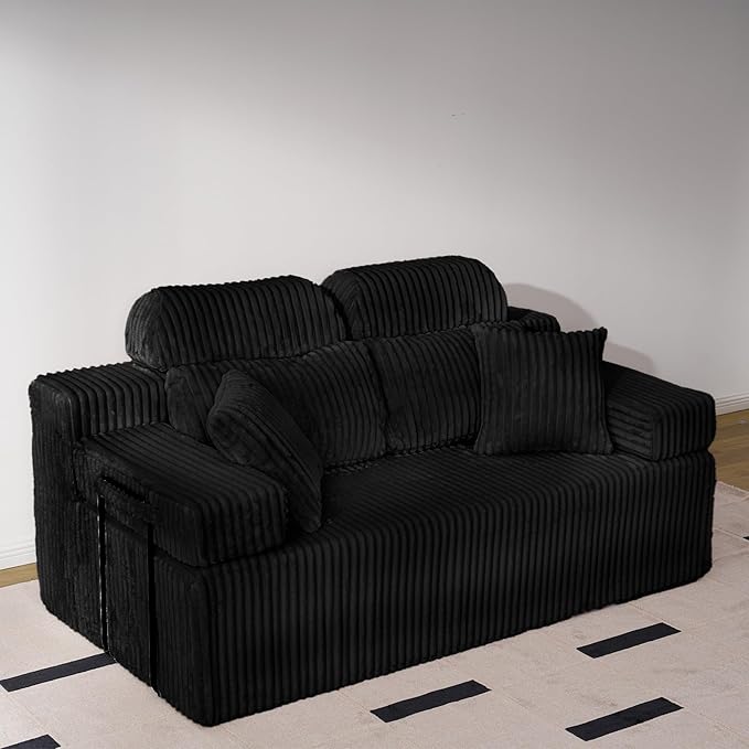 69'' Loveseat Couch with High Backrest Small Modular Sectional Sofa Cloud Corduroy Boneless Couches for Living Room(Black)