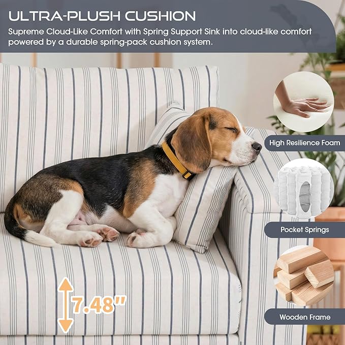97 5 Seater L Shaped Couch Corner Sofa Oversized Cloud Couch with 2 Pillows Modular Sectional Sofa Armrests with Two Hidden Storage Space Sectional Couches for Living Room Blue Stripe