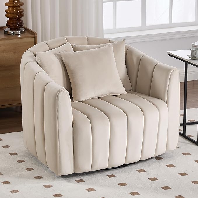 Chifee &amp Vingol 40.35 W Swivel Accent Barrel Chair Velvet Round Barrel Chair with 3 Pillows 360 Degree Swivel Armchair for Living Room Bedroom Beige