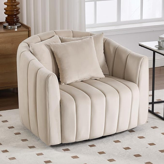 Chifee &amp Vingol 40.35 W Swivel Accent Barrel Chair Velvet Round Barrel Chair with 3 Pillows 360 Degree Swivel Armchair for Living Room Bedroom Beige