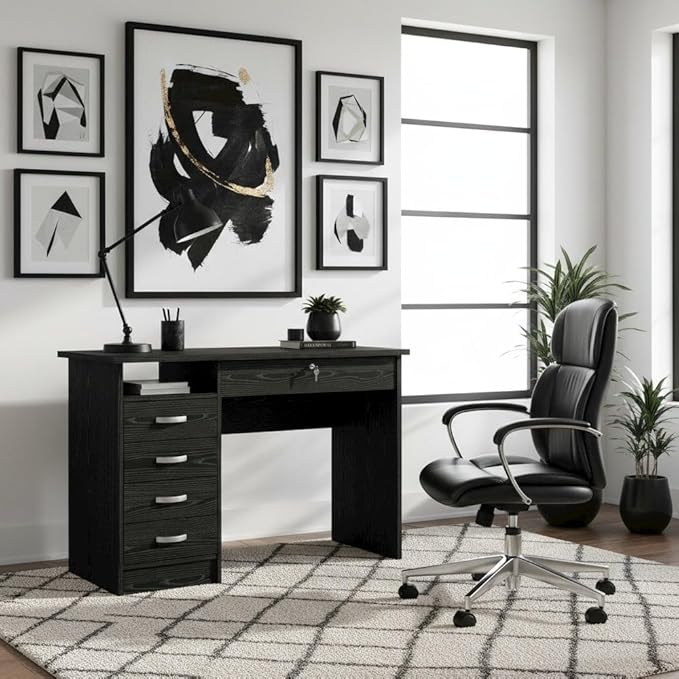 Black Home Office Desk with 5 Drawers and Open Shelf Lockable Storage Computer Desk and Study Table Ideal for Work from Home Setup