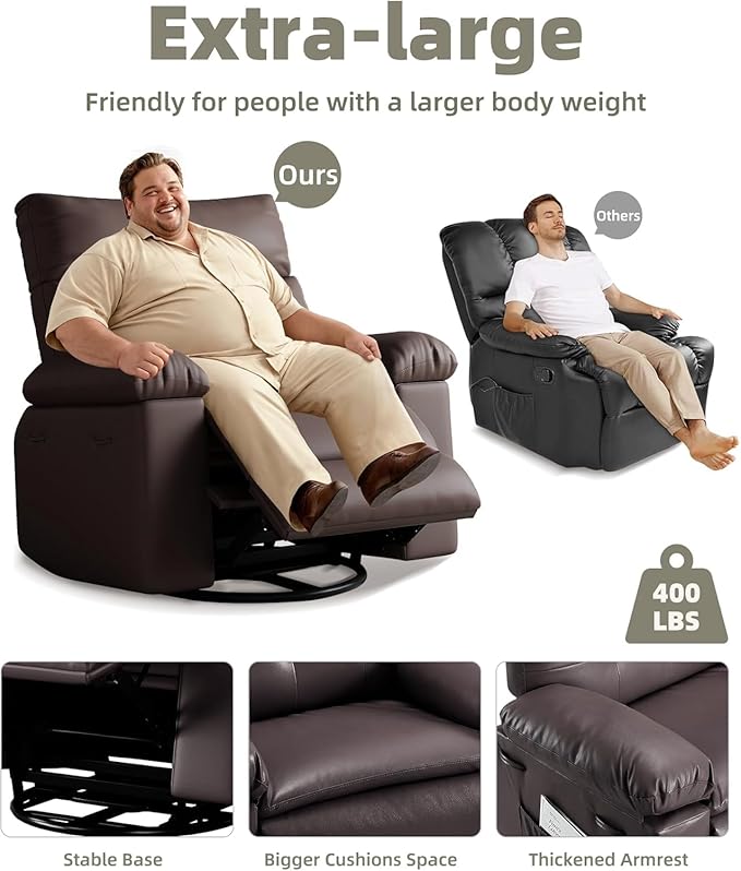 Oversized Wide Rocker Swivel Recliner Chair PU Leather Manual Recliner for Adults Large Nursery Glider Chair with Comfortable Arms &amp Back for Living Room Bedroom Coffee