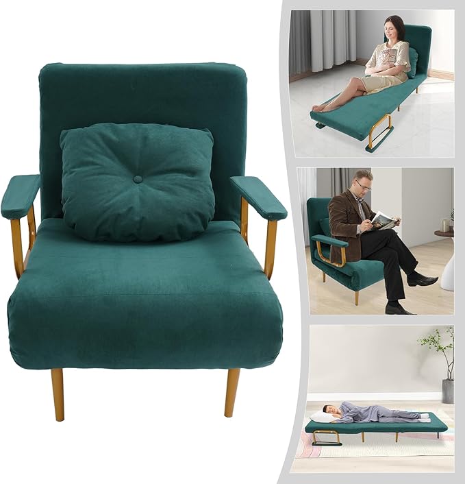 Sleep Chair Bed Convertible Sleeper Chairs for Adults 5-Position Recliner &amp 286lbs Capacity Green Folding Sofa Bed with Adjustable Backrest &amp Pillow for Small Space Office