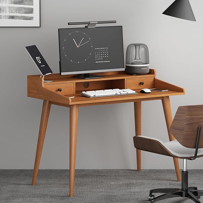 Mid Century Modern Desk 41 Wood Home Office Writing Computer or Laptop Desk with Monitor Stand Riser and Open Storage Cubby Vanity Desk with 2 Drawers