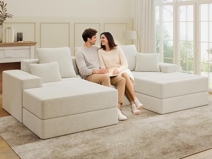 Living&ampGiving 101 U-Shaped Cloud Sectional Couch for Living Room Cloud Boneless Couch-No Assembly with Reversible Chaise Customizable 3-Seat Modular Sectional Sofa with 2 Ottoman Beige