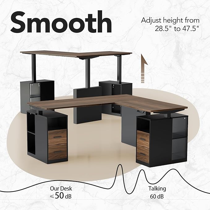 HUANUO 63 Inch L Shaped Standing Desk Electric Executive Height Adjustable Desk with Storage Drawers Reversible Design Computer Workstation for Home Office Black Walnut