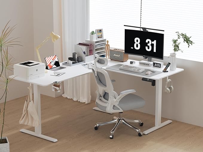75x61 Inches Reversible L Shaped Standing Desk Height Adjustable with Cup Holder Electric Corner Computer Workstation for Home Office Ergonomic Sit Stand up Gaming Desk White
