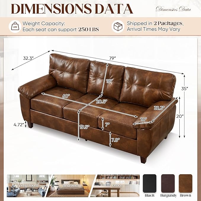 79 W Faux Leather Sofa Couch with Hidden Storage &amp Tufted Backrest Upholstered Mid Century Modern Couch Deep Seat Comfy Chesterfield Sofa for Living Room Bedroom Office(3 Seater Brown)