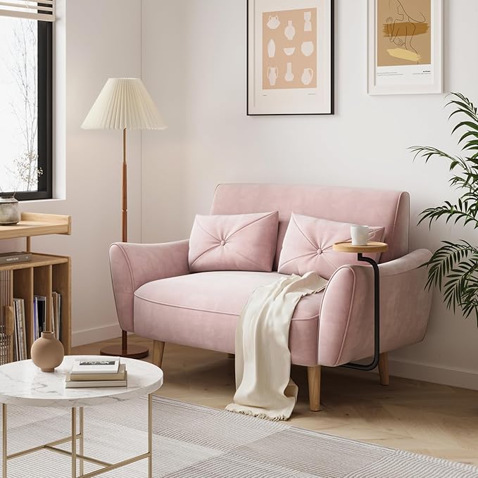 Brelice Loveseat Sofa 47 Velvet Couch for Bedroom Convertible Wooden Tray &amp Ergonomic Armrest for Small Space Apartment Living Room Home Office Easy Assembly Pink