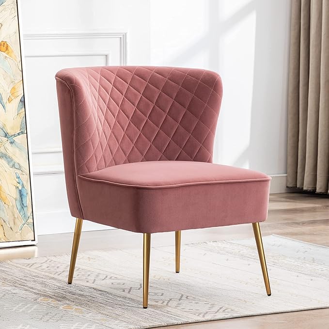 DUHOME Velvet Accent Chair Armless Slipper Vanity Makeup Chair with Back Upholstered Sofa Chair with Golden Legs Barrel Chair for Living Room Bedroom Pink