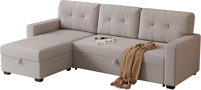 Ball &amp Cast Convertible Sectional Sleeper Sofa Bed L Shaped 4 in 1 Pull Out Couch with Reversible Storage Chaise &amp Removable Back CushionsSleeper Corner Pull Out Sofa Bed Couch for Living Roo