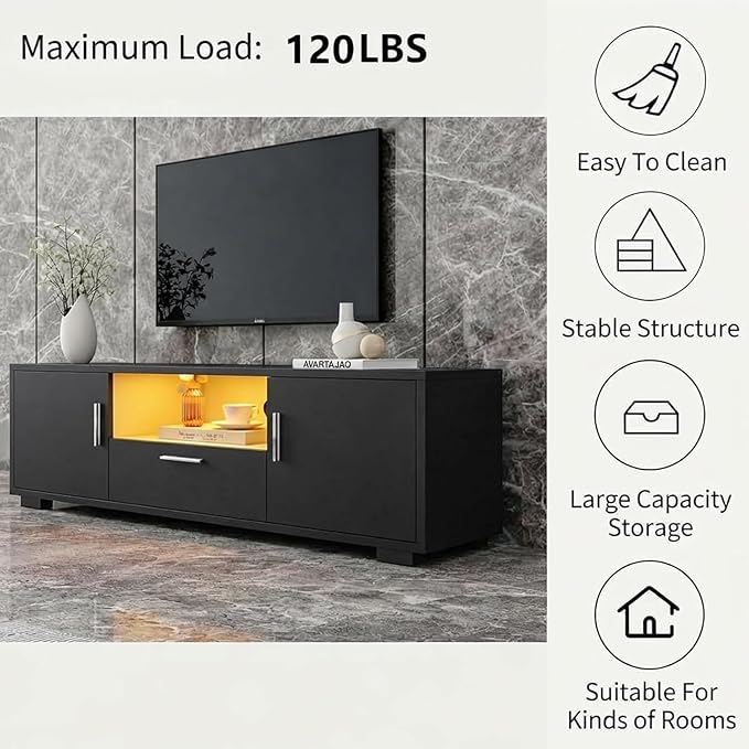 51 Inch Modern TV Stand with RGB LED Lights - Black Entertainment Center Storage Cabinet for 32-55 Inch TVs Living Room Media Console