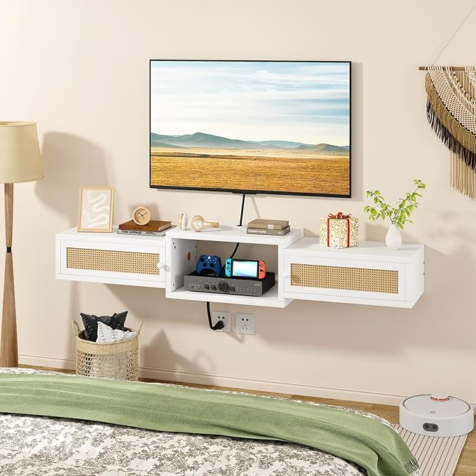 IBUYKE Modern Rattan Floating TV Stand with DoorsWall Mounted TV Shelf for TVs up to 55 InchesMedia Console Entertainment Center for Under TV Storage Cabinet for Living Room BedroomWhite UWST012W