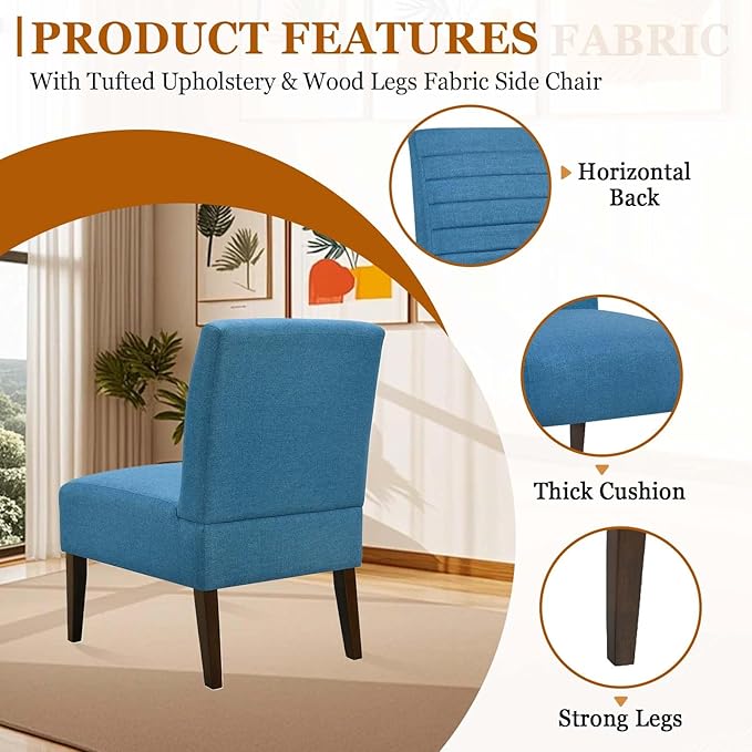 Modern Accent Chair for Living Room Upholstered Armless Slipper Chair with Back &amp Wood Legs Comfy Small Chair for Bedroom Living Room Reading Spaces Office (Blue)