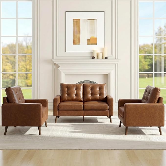 HNY Mid Century Modern 53” Loveseat Sofa Comfy Upholstered Button Tufted Faux Leather 2 Seater Small Sofa Couch Lounge Sleeper Love Seats for Small Spaces Living Room Apartment Bedroom Brown