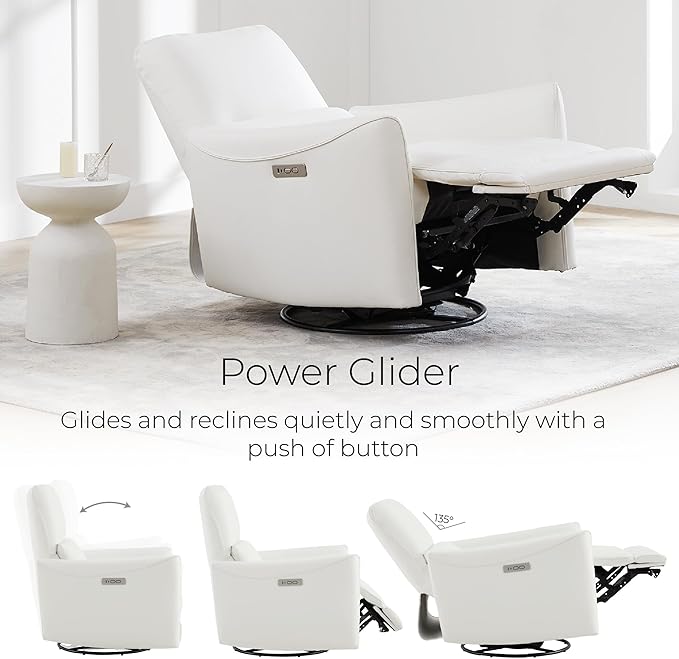 CHITA Power Recliner Chair Swivel Glider FSC Certified Upholstered Faux Leather Living Room Nursery Reclining Sofa Chair with Lumbar Support White
