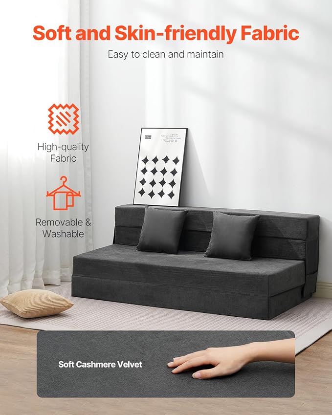 VEVOR Folding Sofa Bed 3-in-1 Foldable Couch Bed with 2 Pillows and Washable Cover 25D High Density Memory Foam Convertible Sleeper Chair Bed Futon Couch for Living Room Bedroom Dark Grey(Queen)