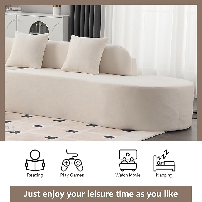 130.5” Curved Sofa for Living Room Cloud Sectional Couch Modern Boneless Lounge Sofa 4-Seater Beige Oversized Compressed Couch with 3 Pillows for Apartment Bedroom Office