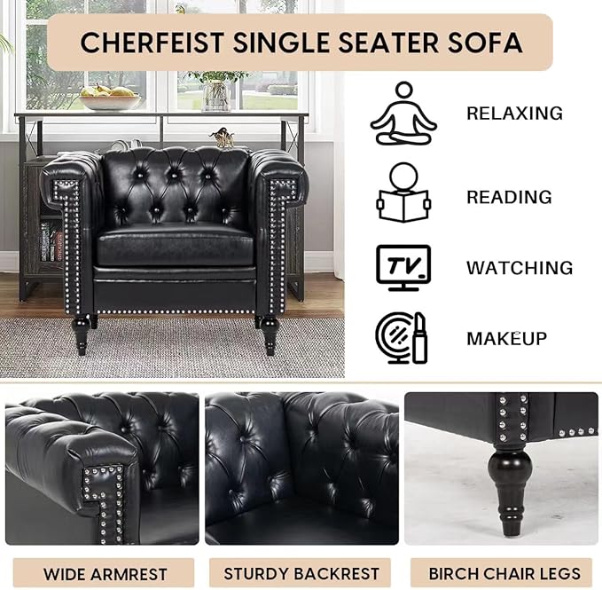 Modern Black Chesterfield Armchair - Faux Leather Upholstery with Tufted Back Club Wingback - Ergonomic Accent Chair for Living Room Office Bedroom Study