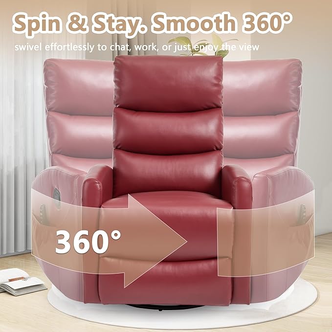 cinkehome Small Swivel Rocker Recliner Chair with Heated Massage Upholstered Nursery Glider Recliner Chair High Back Side Pocket (Red PU Leather)