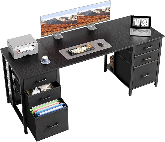 ODK 63 inch Computer Desk with File Drawers Cabinet Modern Office Desk with Large Storage for Home Office Study Gaming Black