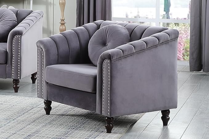 Chesterfield Chair Couch 40 Inch Luxurious Velvet Single Chair Chesterfield Settee Sofa Upholstered Rolled Arm with Rivets/Button Tufted Pillow Modern Sofa for Living RoomGray