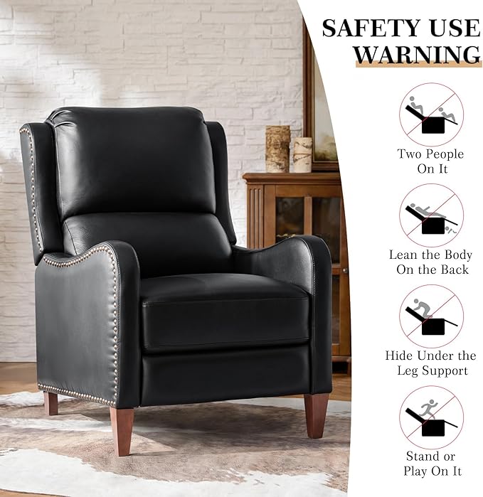 HULALA HOME Genuine Leather Recliner Chair Modern Push Back Recliner Armchair with Thick Seat Backrest &amp Footrest Nailhead Decor for Living Room Bedroom Black