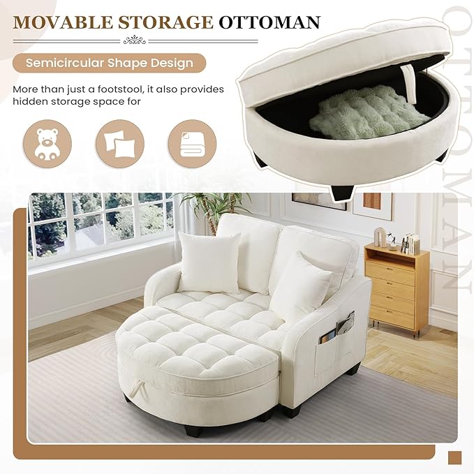 Oversized Chair and A Half Chenille Tufting Accent Cozy Reading Sofa Chair with Storage Ottoman Upholstered Loveseat Chaise Lounge Sofa with Adjustable Back for Living Room Office Sunroom Beige