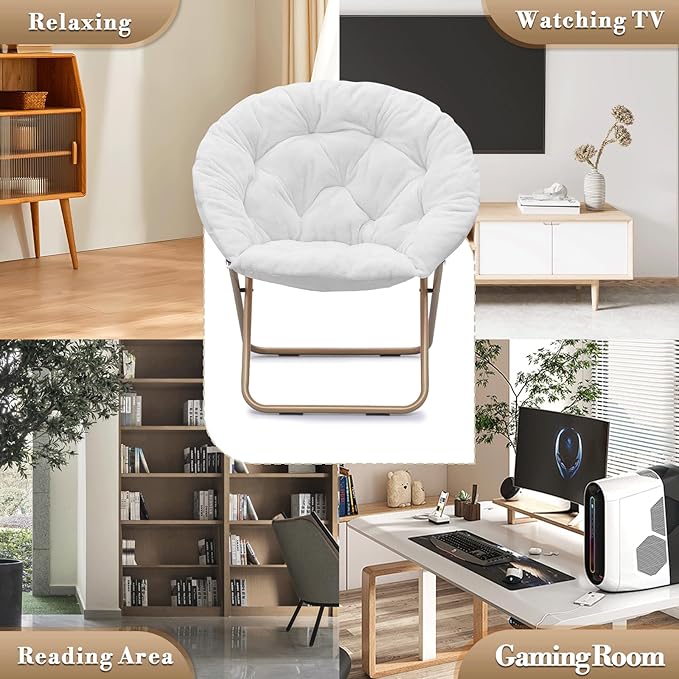 Athena Collection Round Saucer Chair with Ottoman Set of 2 for Adults Oversize Comfy Cozy Faux Fur Folding Reading Chair with Metal Leg Lazy Relaxing for Living Room Bedroom Dorm Apartment White