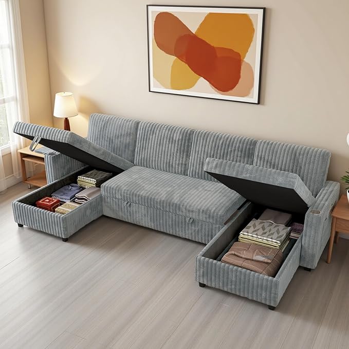 Sleeper Sectional Sofa 110 Modern U Shaped Couch with Pull Out Bed Convertible Corduroy Cloud Sofa with Double Storage Chaise USB Small Desktop Comfy Modular Couch for Living Room Light Gray