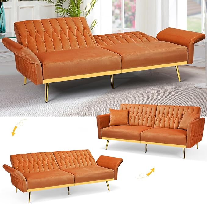 2 Pieces Velvet Sofa Set with Adjustable Armrest and Backrest 70” Convertible Futon Sofa Bed &amp Mordern Accent Chair with Ottoman for Living Room Bedroom Orange