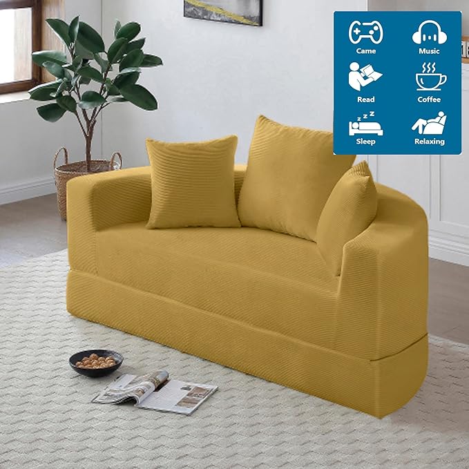 67 Round Convertible Folding Sofa Bed Boneless Couch Loveseat Floor Sleeper Chaise Lounge for Living Room Apartment Dorm Small Spaces Yellow