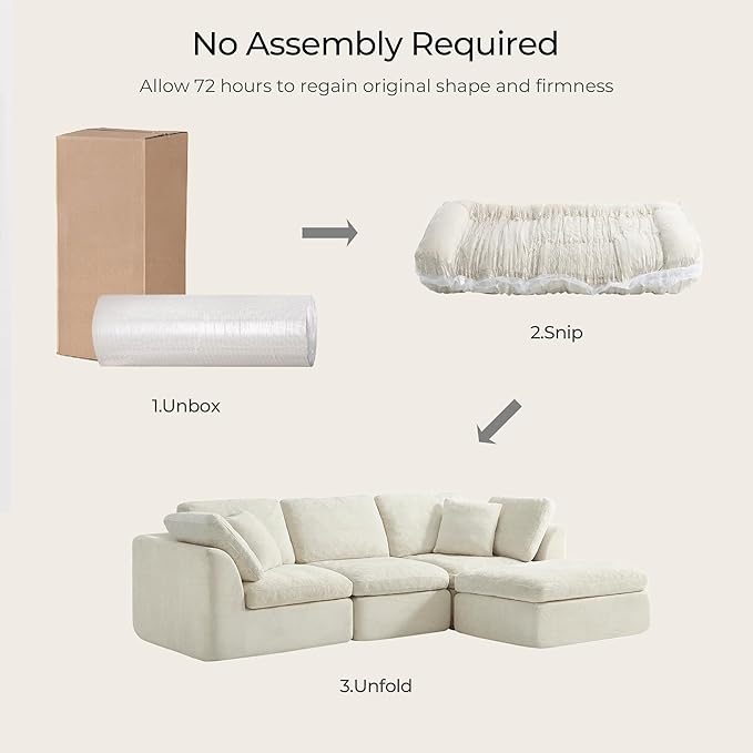 CHITA 108 Cloud Sectional Couches for Living Room Boneless L-Shape Sofa with Ottoman 3 Seater Modular Sectional Sofa Cream