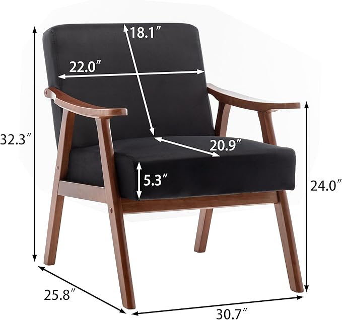 Mid-Century Modern ChairUpholstered Armchair Living Room Chair with Solid Wood Frame Comfy Reading Chairs Lounge Side Chair for Living RoomBedroomBelcony. (Black+Velvet)