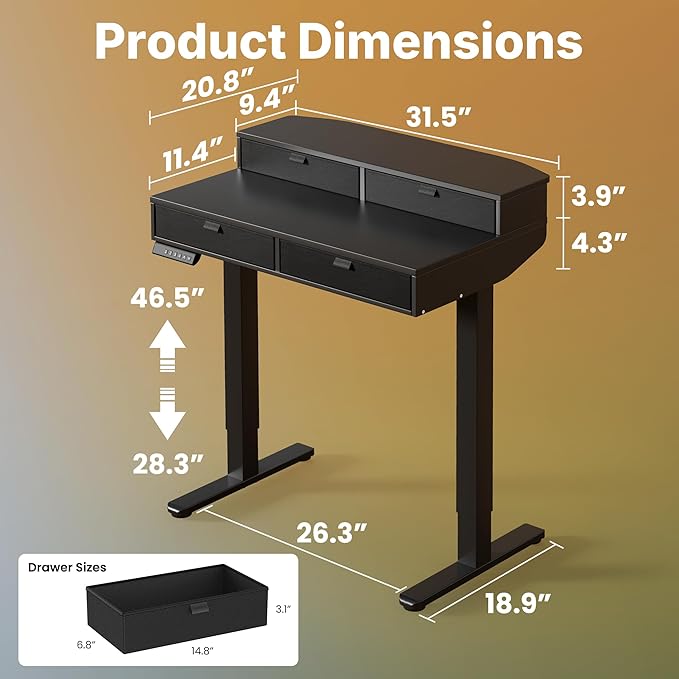 HUANUO 32 x 20 inch Electric Standing Desk with 4 Drawers Adjustable Height Sit Stand Home Office Desk C-Clamp Mount Compatible Ergonomic Stand up Desk with 4 Preset Heights Black