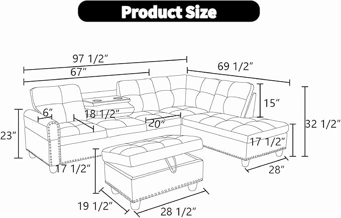 Sectional Couches for Living Room Convertible 4 Seat Modular Sectional Sofa Set for Living Room L Shaped Couch or U Shaped Couch with Storage Ottoman for Apartment Dark Grey