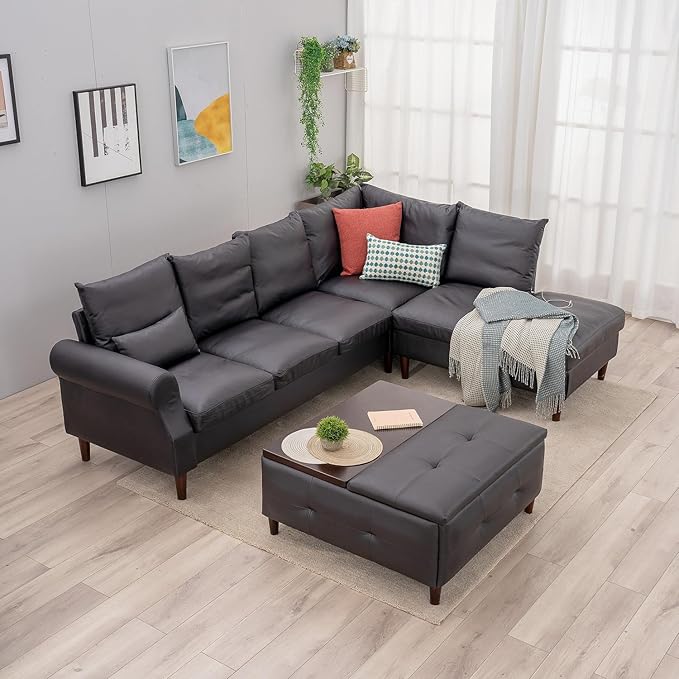 Panana 6 Seats Sectional Sofa Right Corner L Shaped Couch With USB Charging Port Chaise (Black Leathaire 6 Seater Right Corner With Chaise)