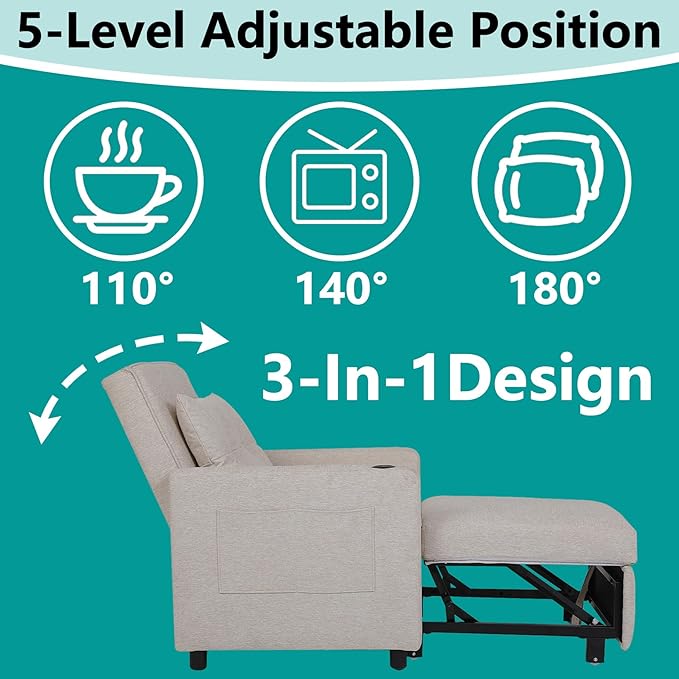 3 in 1 Boucher with Pull-Out Sofa Convertible Lazy Sleep Armrest Sofa Chair with Storage Pockets and Adjustable Backrest Comfortable Folding Seat Bed Bedroom Bed (Dark Grey) (Beige)