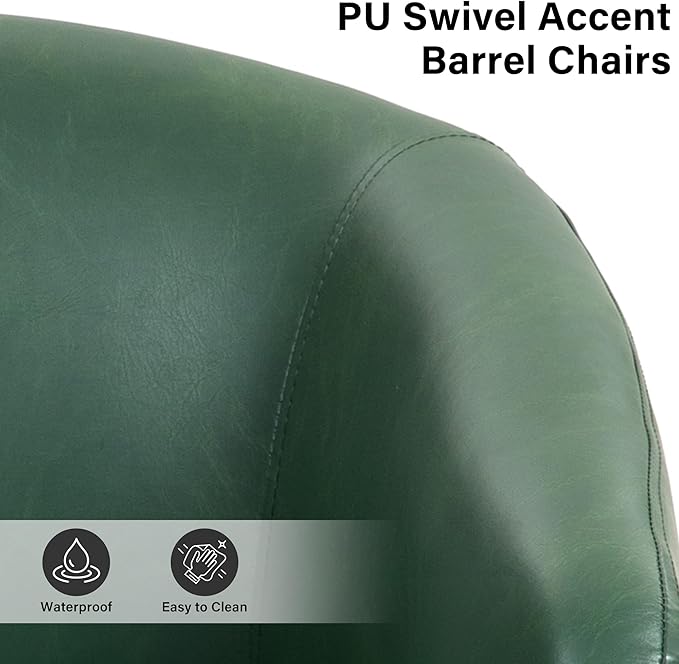 Lumibee Faux Leather Swivel Barrel Chairs Set of 2 Upholstered Comfy Round Swivel Accent Chair 360° Rotation Single Sofa Club Armchair for Living Room Reading Room Bedroom Green